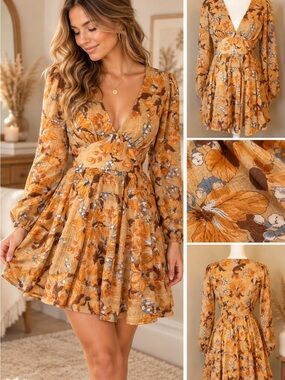 Flying Tomato Mustard Floral V-Neck Long Sleeve Mini Dress